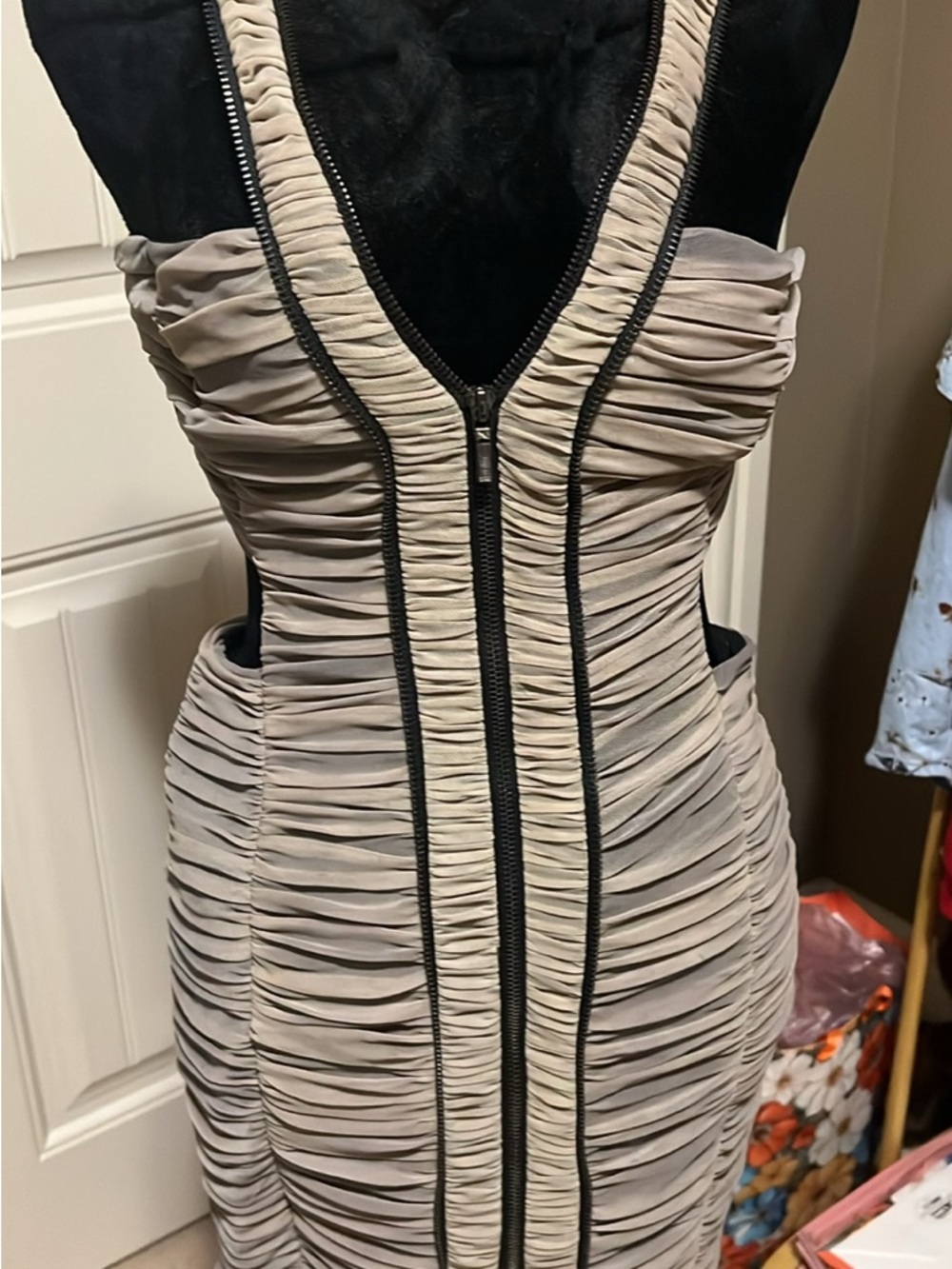 bebe Ruched Taupe Dress with Black Trim